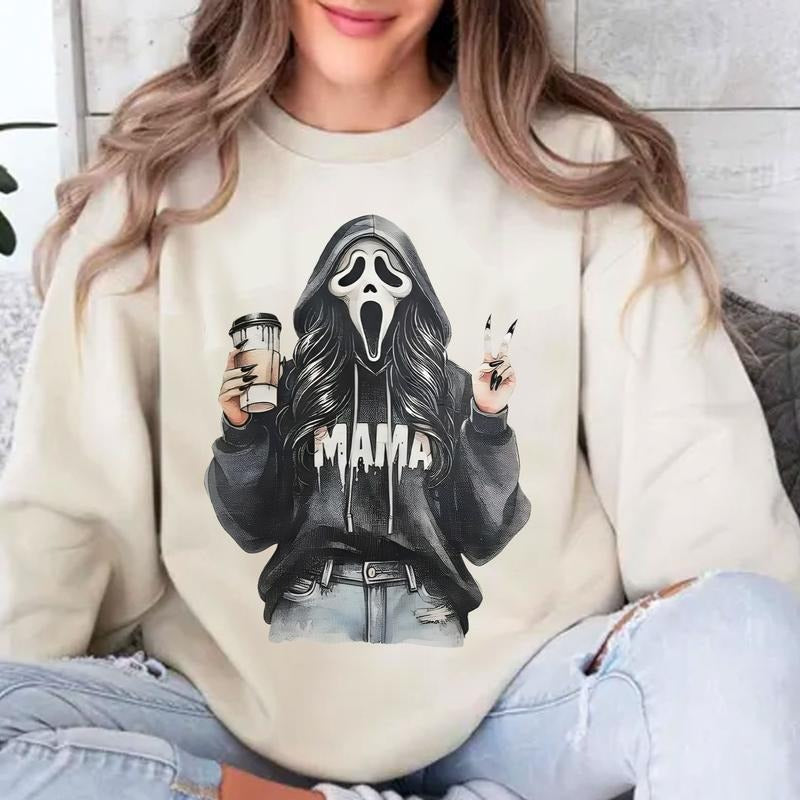 Ghostface MAMA Stylish The Death Coffee Crewneck Unisex Sweater - T-shirt Hoodie, Sweatshirt | InkThreadWorks.com