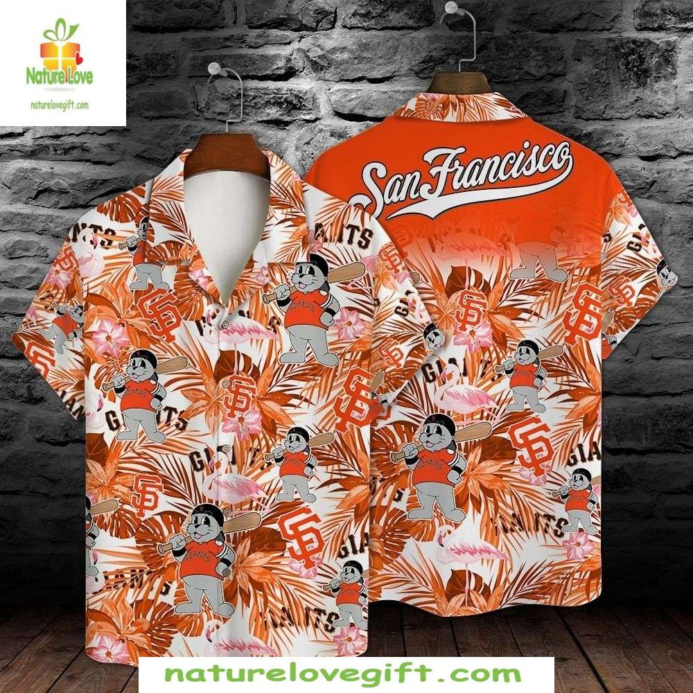 SF Giants Hawaiian Shirt Orange Tropical Floral Mascot Baseball Apparel