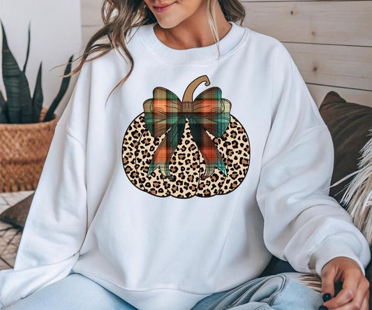 Gildan Cheetah Plaid Pumpkin Crewneck Sweatshirt Long Sleeve Comfortable Casual Women's Chic Everyday Wear Graphic Statement Sweater with Bow Detail