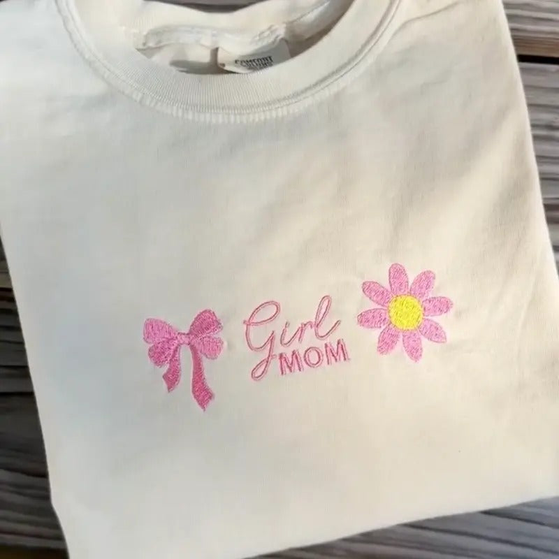 'Girl Mom' Flowers & Bows T-Shirt, Embroidery Comfort Colors Mama Tee