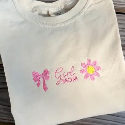 'Girl Mom' Flowers & Bows T-Shirt, Embroidery Comfort Colors Mama Tee