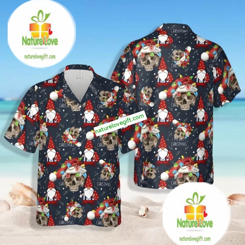 Gnomes And Skull Claus Blue Hawaiian Shirt Outfit