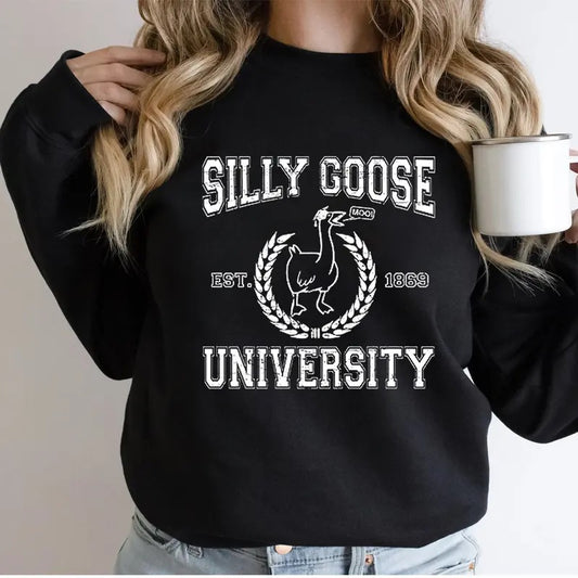 Go All Out Silly Goose University Funny Novelty Gift Funny Sweatshirt Casual Street Style Fleece Crewneck Pullover Sweatshirt  For Women For Men, Perfect Gift