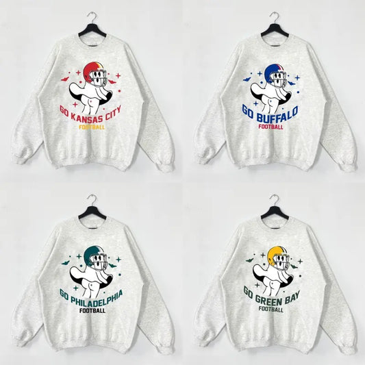 Go All Team Football Funny Ghost Vintage Sweatshirt, Football Team Cute Spooky Season Sweatshirt, Football Retro Shirt Hoodie