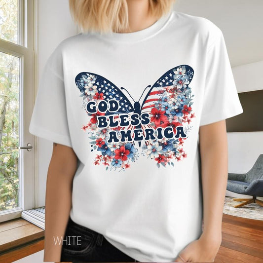 God Bless America Shirt Fourth Of July Shirt Butterfly Print Shirt Vintage American Flag Shirt Patriotic Shirt Merica Shirt Butterfly