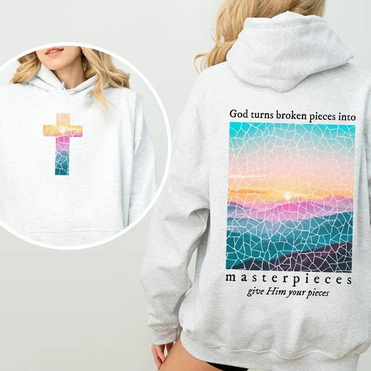 God Turns Broken Pieces Into Masterpieces, Give Him Your Pieces, Front and Back, Religious, Gospel, Faith, Jesus,...