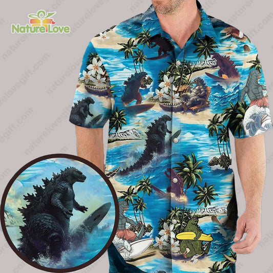 Godzilla The Cartoon​ Character Surfing Godzilla Hawaiian Shirt
