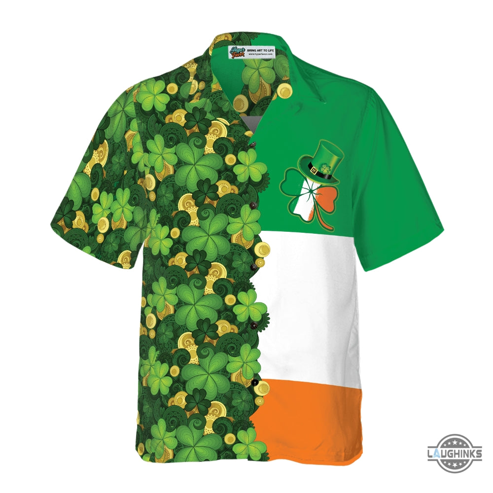 Gold Coins Shamrock Saint Patricks Day Irish Ireland Flag Hawaiian Shirt Aloha Summer Beach Button Up Shirts And Shorts NEW