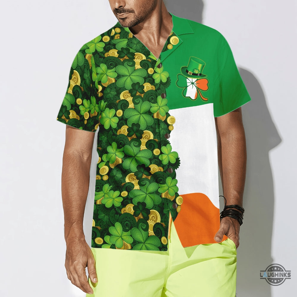 Gold Coins Shamrock Saint Patricks Day Irish Ireland Flag Hawaiian Shirt Aloha Summer Beach Button Up Shirts And Shorts NEW