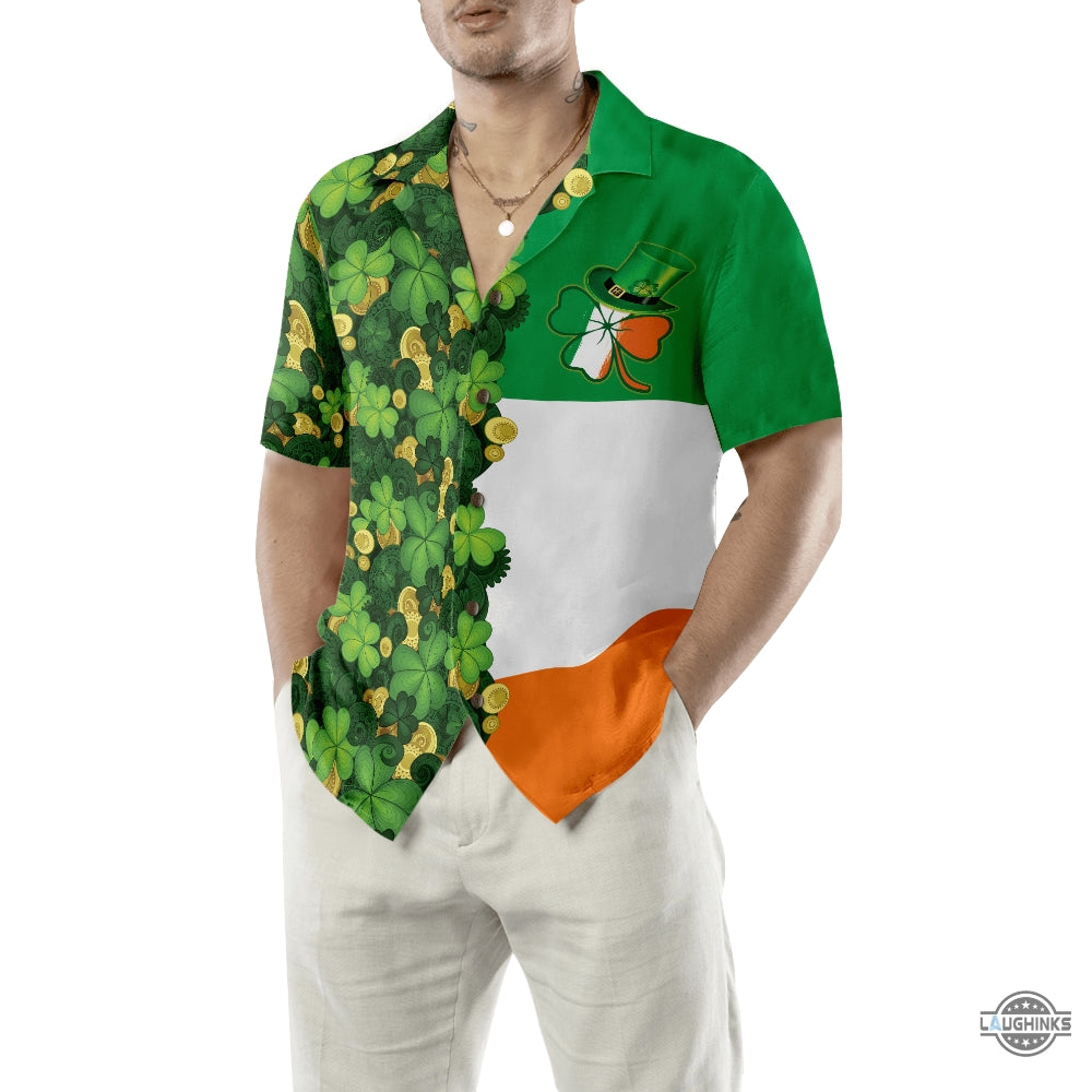 Gold Coins Shamrock Saint Patricks Day Irish Ireland Flag Hawaiian Shirt Aloha Summer Beach Button Up Shirts And Shorts NEW
