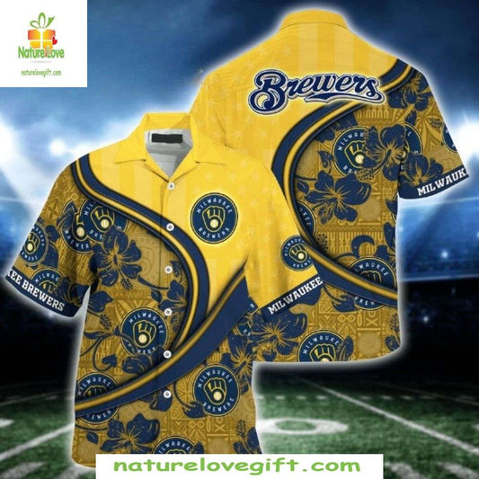Milwaukee Brewers Hawaiian Shirt Golden Swirls And Brews MLB Baseball Apparel
