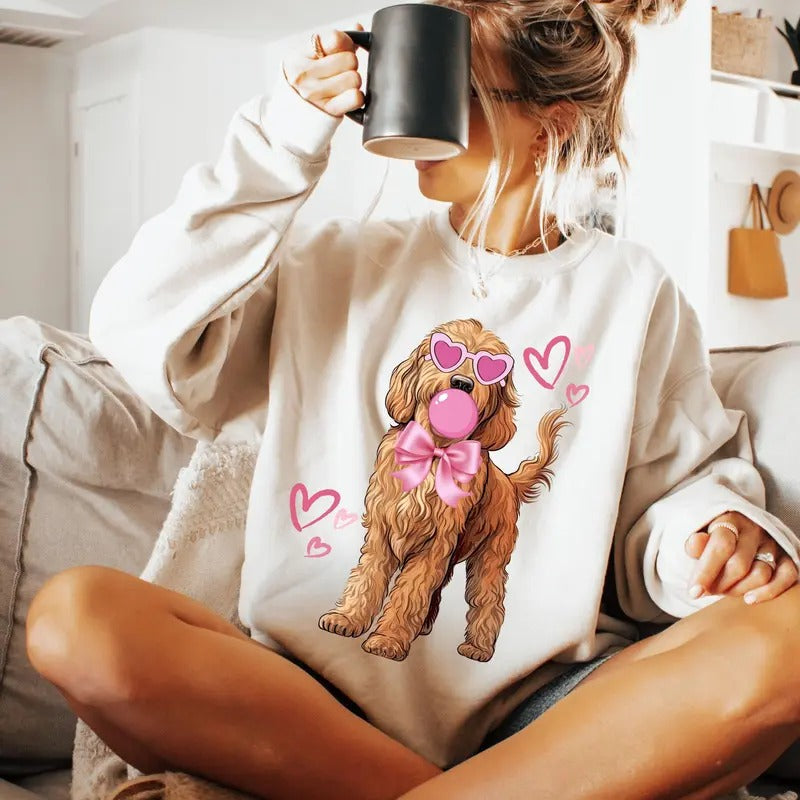 Goldendoodle Coquette Tshirt Sweatshirt, Doodle Mom Valentine Gift, Pink Coquette Dog Bow Valentines Shirt, Unisex...