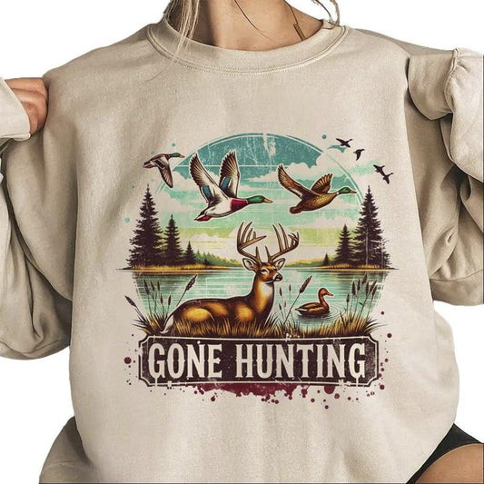 Gone Hunting Deer Sweatshirt Mallard Duck Retro T-Shirt Hunting Season National Day Unisex Hoodie | InkThreadWorks.com