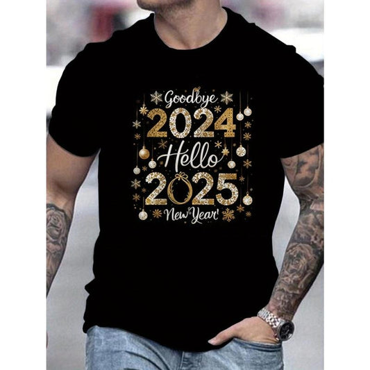 Goodbye 2024, Hello 2025" Men's Casual T-Shirt - Crew Neck, Short Sleeve, Cotton, Machine Washable - Perfect for Summer Made in USA