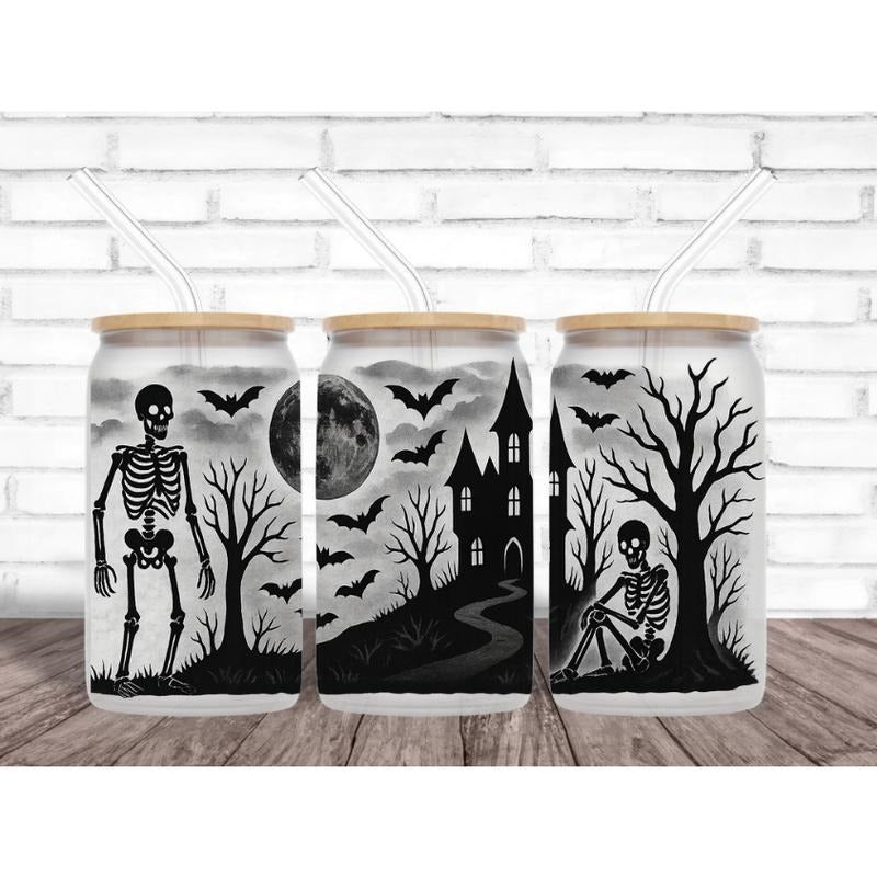 Gothic Skeleton & Haunted House Glass Can Tumbler | Frosted 16oz Halloween Cup T-Shirts, Hoodie, Sweatshirt