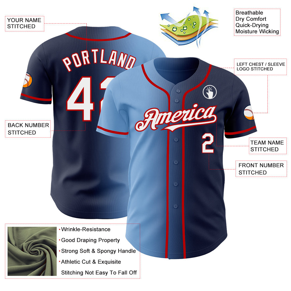 Custom Navy White Light Blue-Red Authentic Gradient Fashion Baseball Jersey