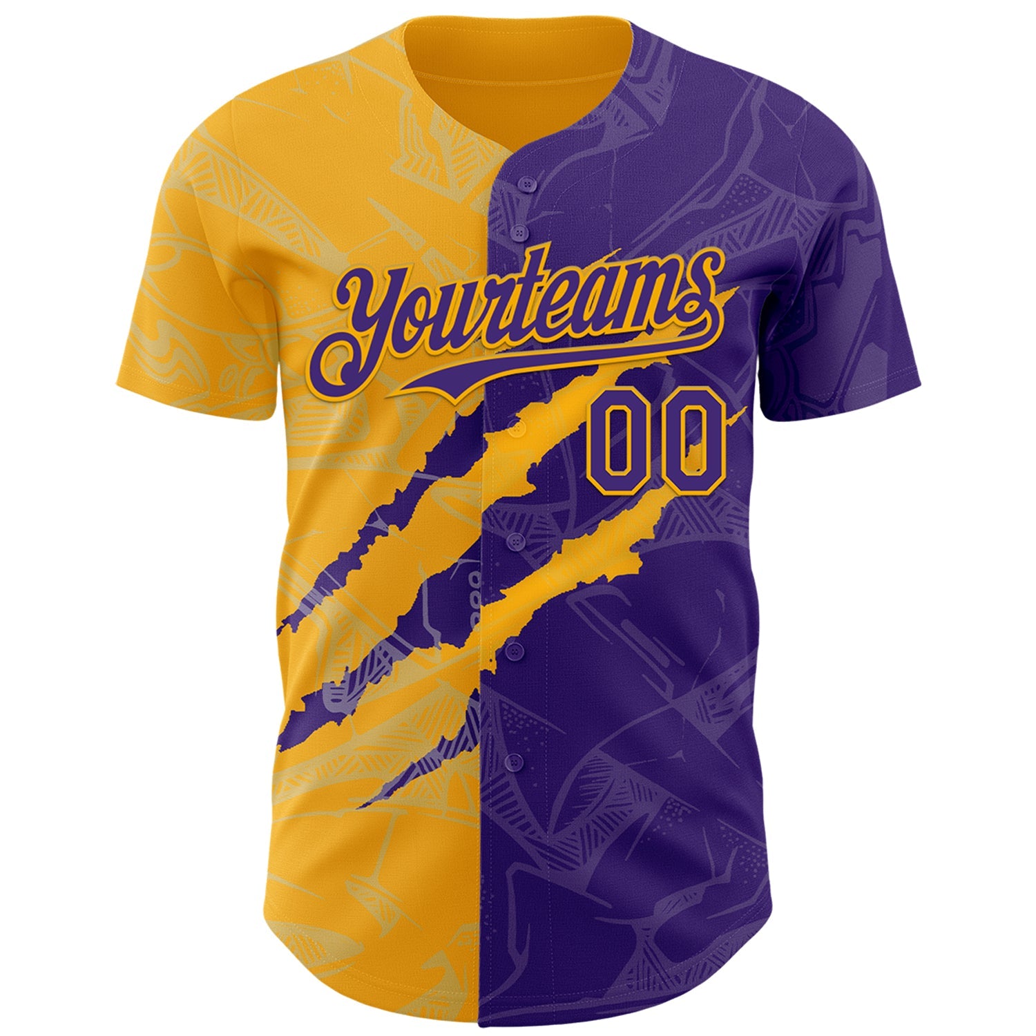 Custom Graffiti Pattern Purple-Gold 3D Scratch Authentic Baseball Jersey