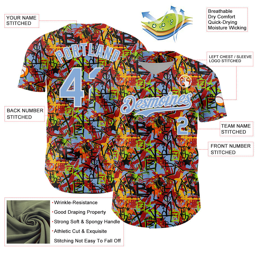 Custom Graffiti Pattern Light Blue-White Splatter Authentic Baseball Jersey