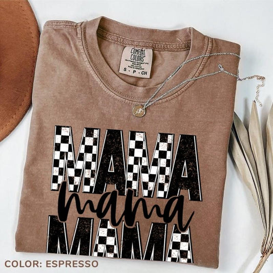 Comfort Colors Checker & Faux Glitter 'Mama' Completed Tee Top Womenswear New Shirt, Gift Your Mom/Granma Hoodie, Sweatshirt