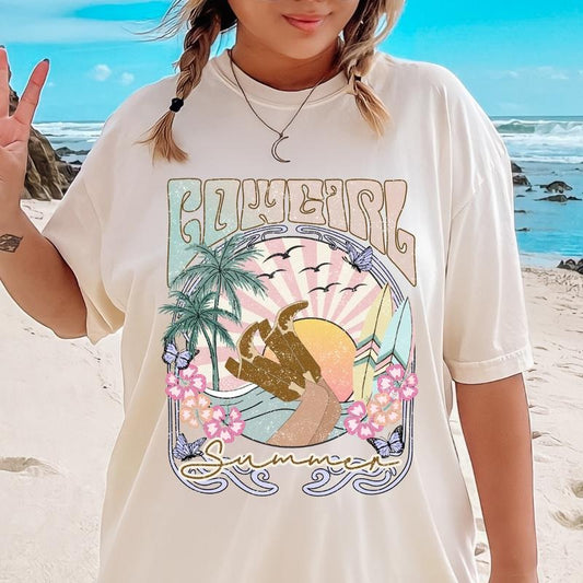 Graphic Cowgirl Summer T-shirt, Casual Oversized Cotton Shirt for the Beach Comfort Fabric Top Womenswear Underwear Lady