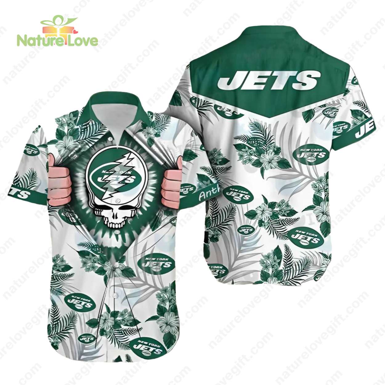 Grateful Dead New York Jets Tropical Hibiscus Hawaiian Shirt