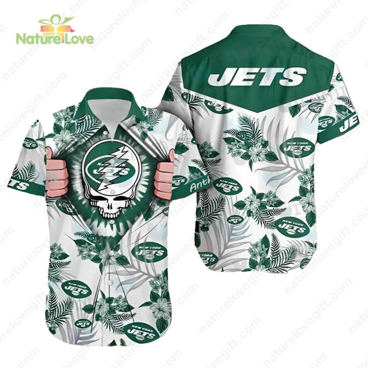 Grateful Dead New York Jets Tropical Hibiscus Hawaiian Shirt