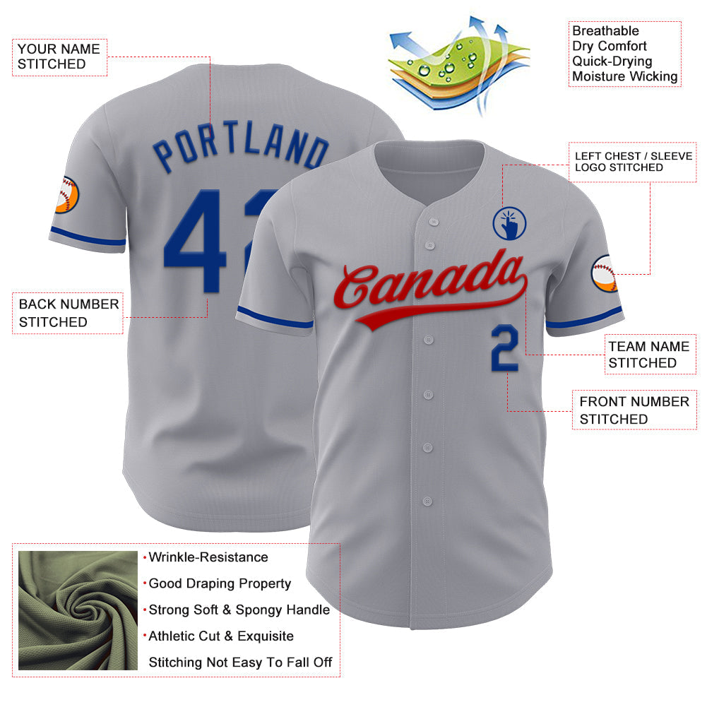 Custom Gray Royal-Red Authentic Baseball Jersey