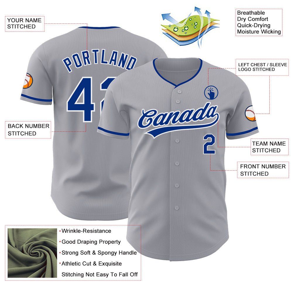 Custom Gray Royal-White Authentic Baseball Jersey