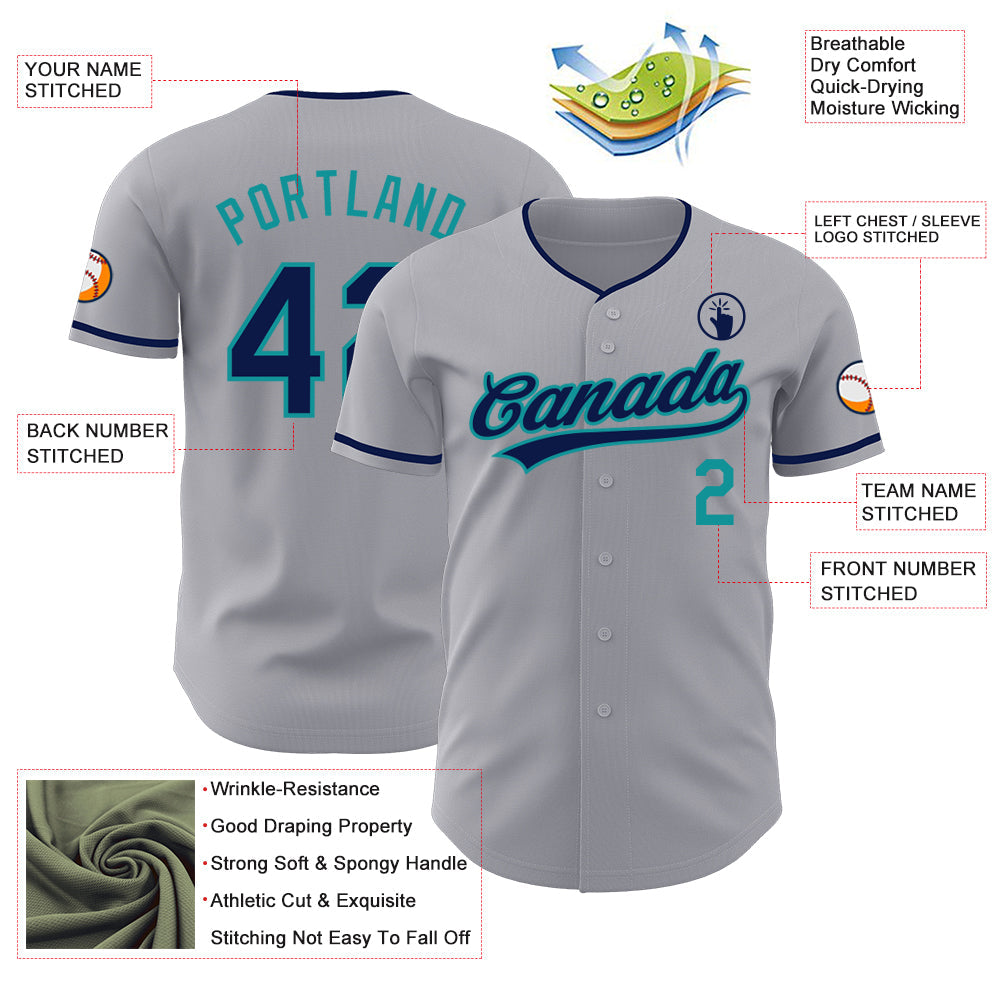 Custom Gray Navy-Teal Authentic Baseball Jersey