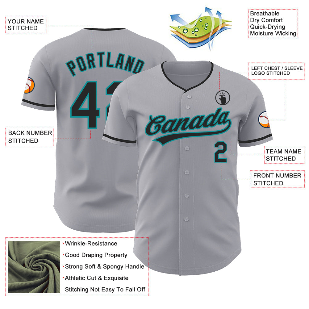 Custom Gray Black-Teal Authentic Baseball Jersey