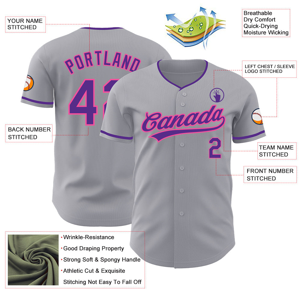 Custom Gray Purple-Pink Authentic Baseball Jersey