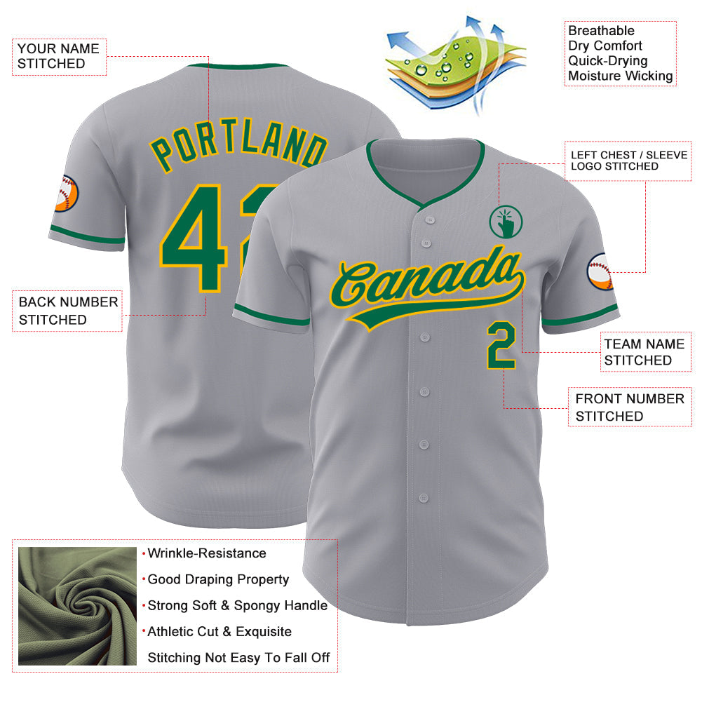 Custom Gray Kelly Green-Gold Authentic Baseball Jersey