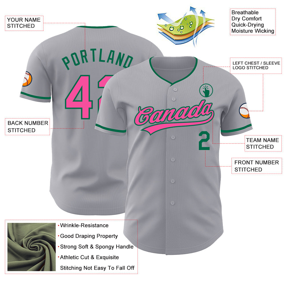 Custom Gray Pink-Kelly Green Authentic Baseball Jersey
