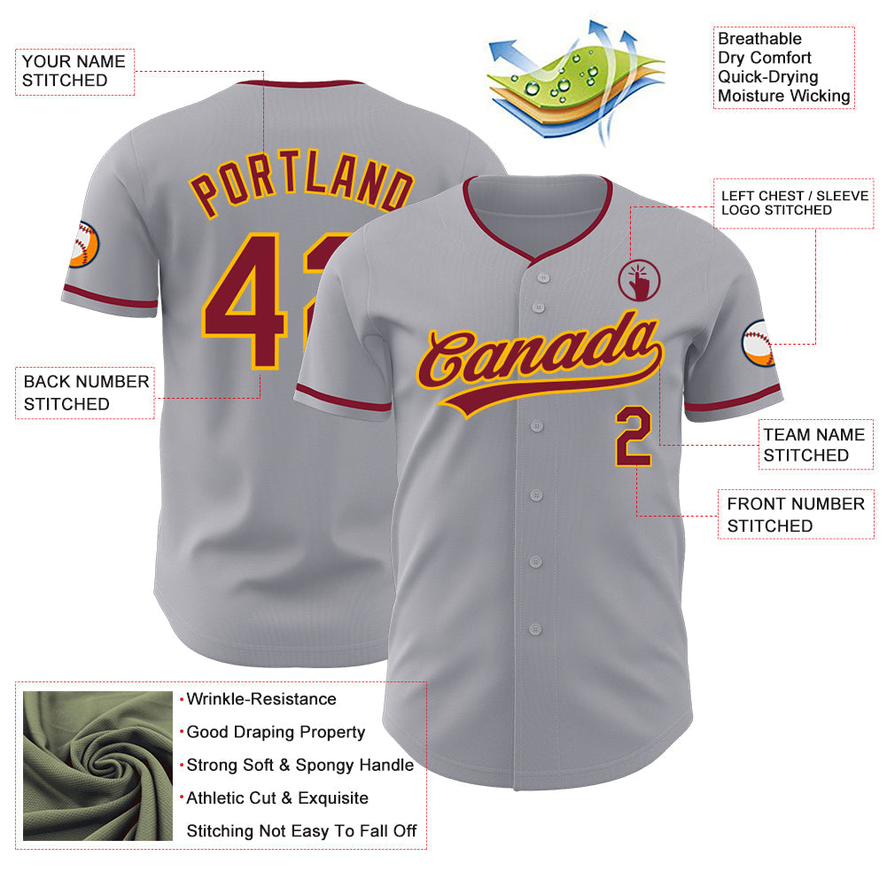 Custom Gray Crimson-Gold Authentic Baseball Jersey