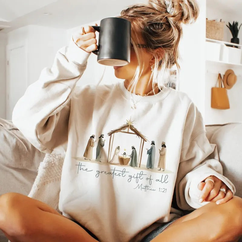 Greatestt Gift Of All Tshirt Sweatshirt, Bow Nativity Coquette Christmas Shirt, Christmas Bow, Unisex Sweater Pullover...