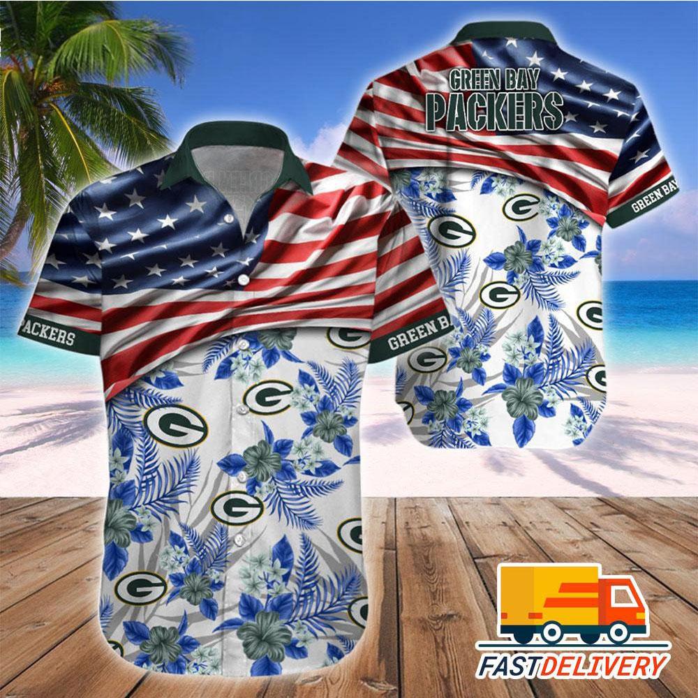 Green Bay Packers Hawaiian Shirt with American Flag Floral Design