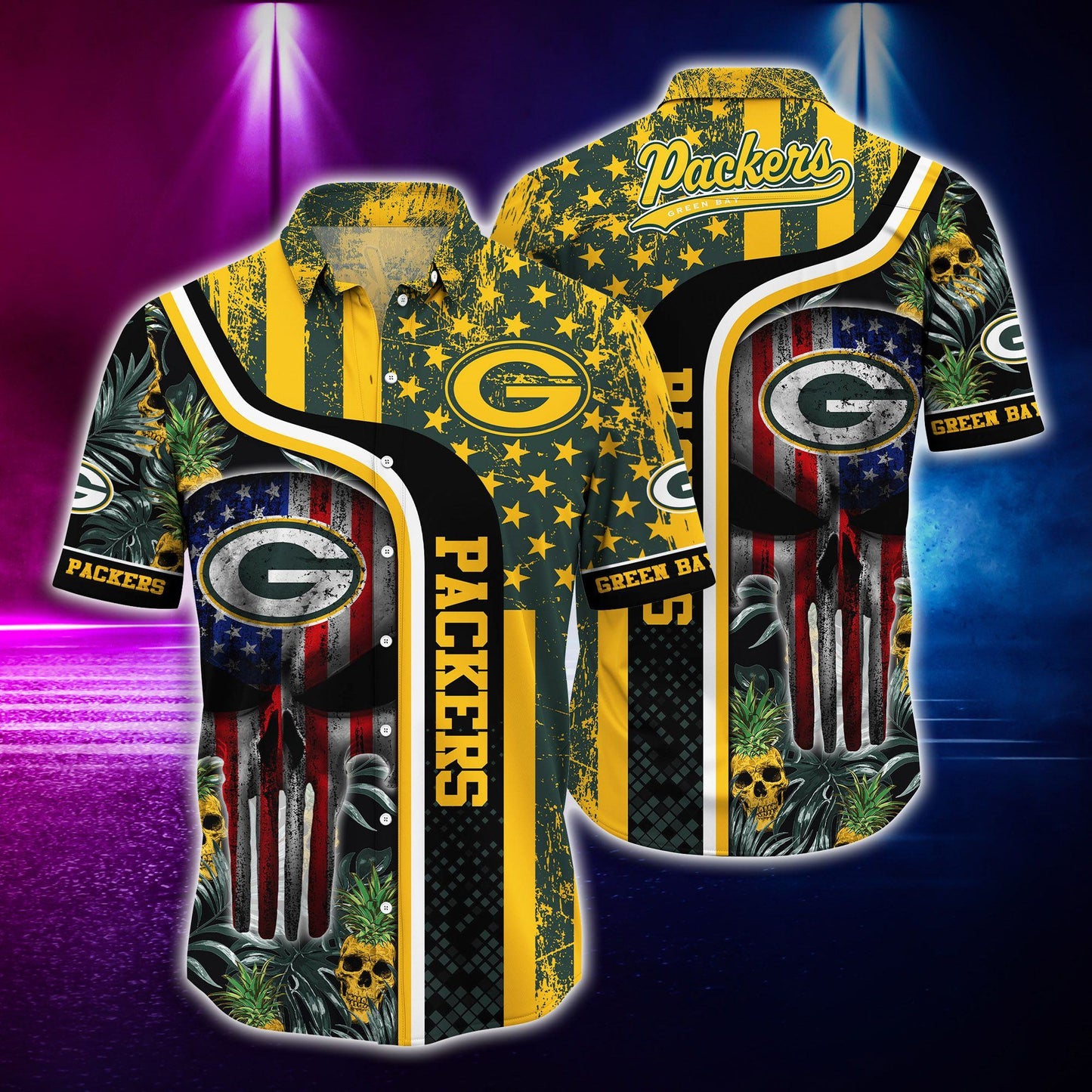Green Bay Packers Stars Stripes Skull Hawaiian Shirt 385740
