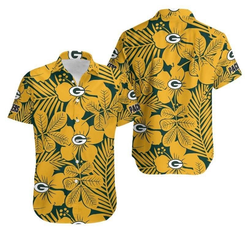 Green Bay Packers Tropical Gold Leaf Hawaiian Shirt by