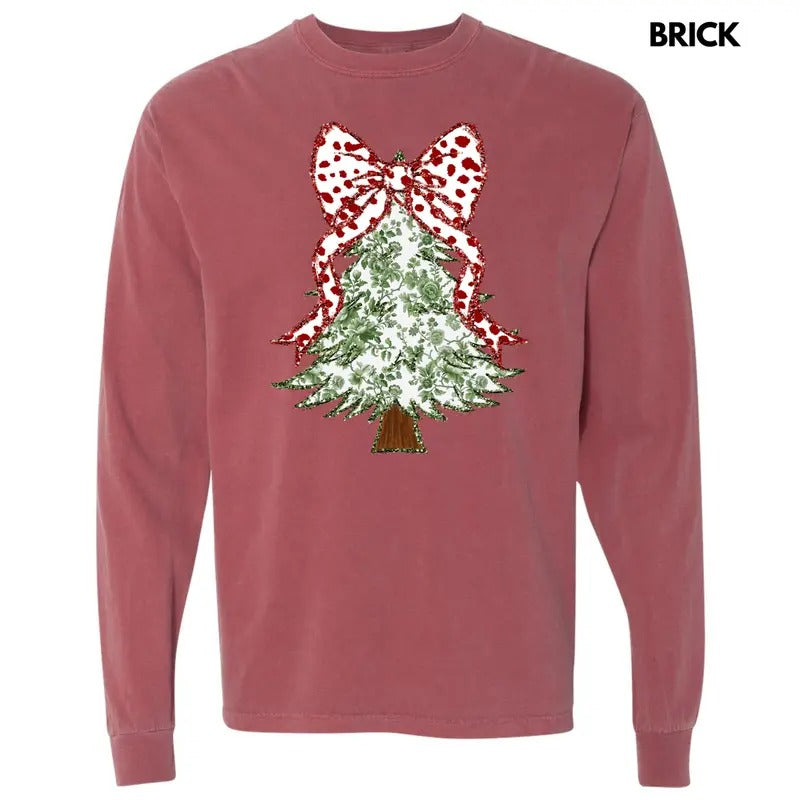 Green Floral & Red Bow Tree Long Sleeve Comfort Colors T-Shirt 'NLB' Hoodie, Sweatshirt | InkThreadWorks.com