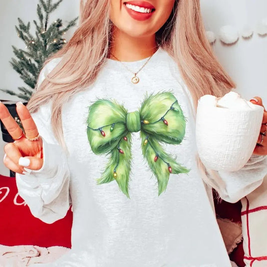 Green Fur Christmas Lights Bow Graphic Tee - Christmas Coquette Shirt - Cozy Season - Festive Bows - Cute Christmas Gifts Crewneck