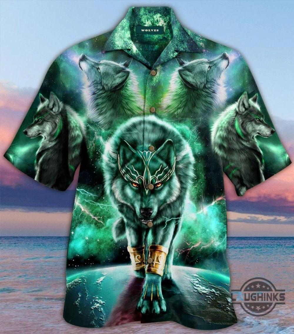 Green Galaxy Wolf Tropical Hawaiian Shirt 131 Aloha Hawaii Shirts Aloha Summer Beach Button Up Shirts And Shorts NEW