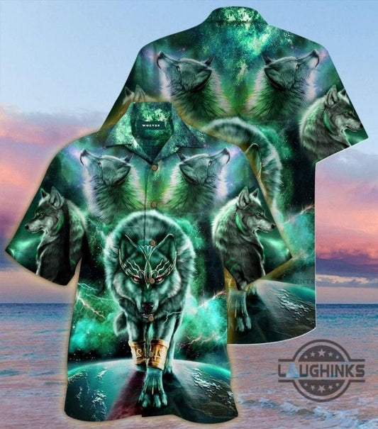 Green Galaxy Wolf Tropical Hawaiian Shirt 131 Aloha Hawaii Shirts Aloha Summer Beach Button Up Shirts And Shorts NEW