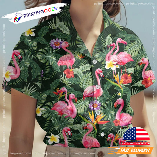 Green Jungle Pink Flamingos Floral Hawaiian Shirt