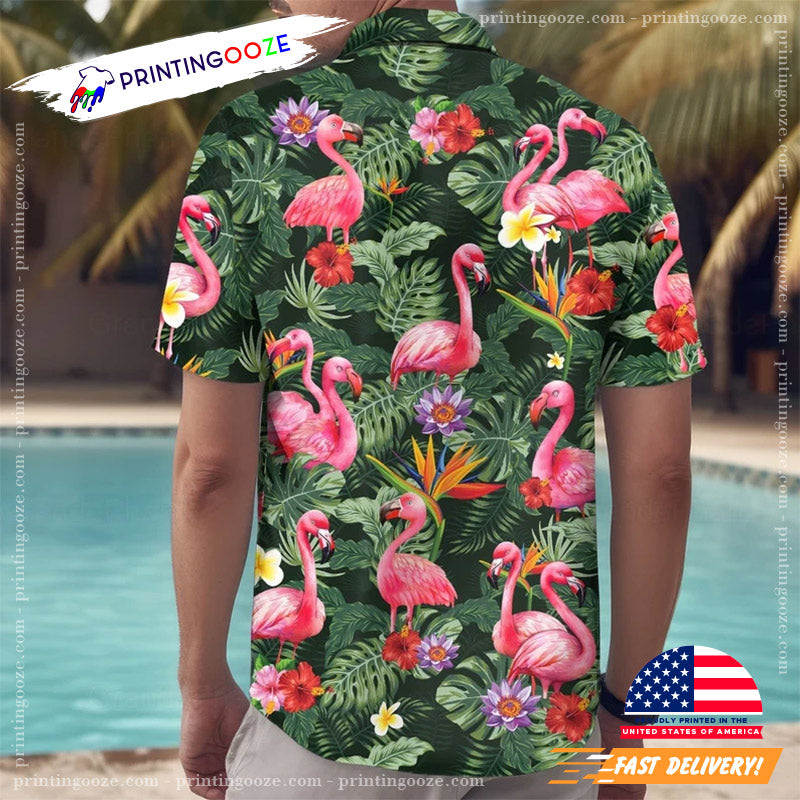 Green Jungle Pink Flamingos Floral Hawaiian Shirt