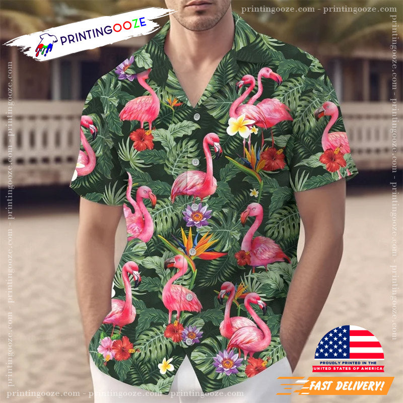 Green Jungle Pink Flamingos Floral Hawaiian Shirt