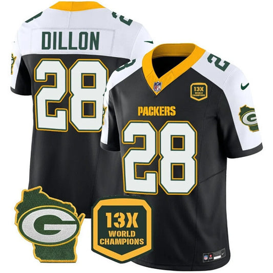 Green Bay Packers #28 AJ Dillon Black White 2023 F.U.S.E. Home Patch 13 Time World