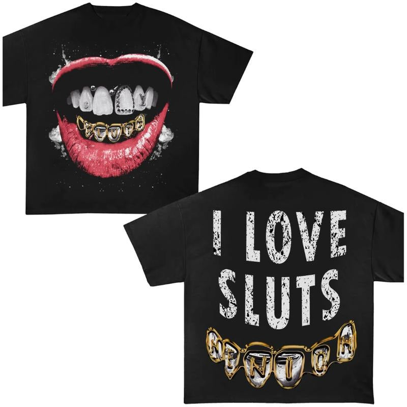 Grillz I Love Slts Garment-Dyed Y2k T-Shirt Graphic Tees Oversized Cotton Unisex Top Streetwear