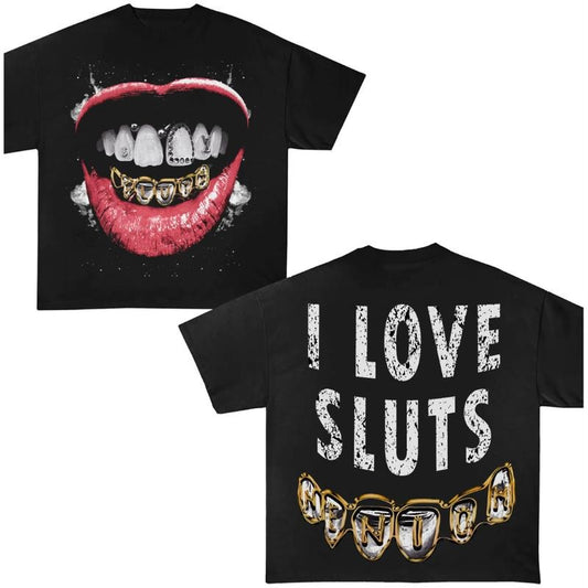 Grillz I Love Slts Garment-Dyed Y2k T-Shirt Graphic Tees Oversized Cotton Unisex Top Streetwear