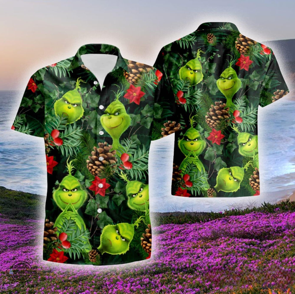 Grinch Button Up Shirt All Over Print Santa Claus Tropical Grinch Hawaiian Shirt And Shorts Summer Vacation Christmas Movie Set Gift For Men Merry Grinchmas