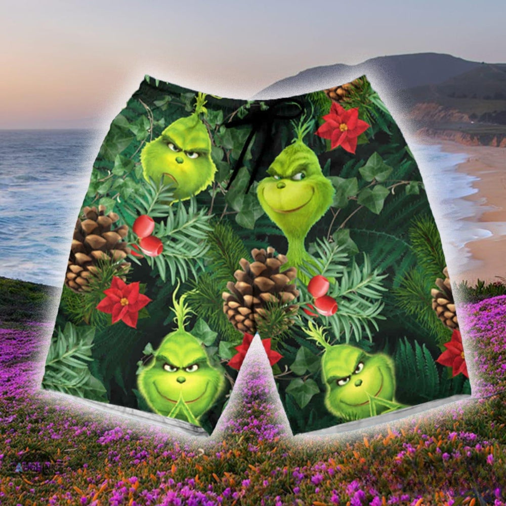 Grinch Button Up Shirt All Over Print Santa Claus Tropical Grinch Hawaiian Shirt And Shorts Summer Vacation Christmas Movie Set Gift For Men Merry Grinchmas